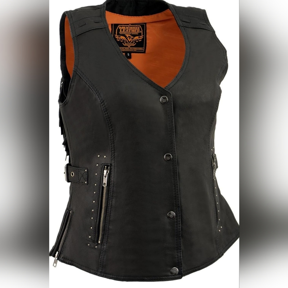 Milwaukee Leather Button Vest Black Fringed Leather Rivet Detail Side Buckle